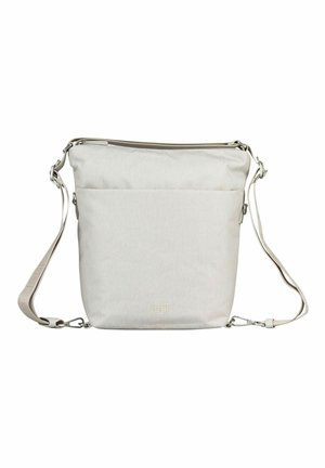 Sac bandoulière gris clair avec sangle réglable, fermeture éclair supérieure, poche avant et petit logo de marque embossé près du centre inférieur.