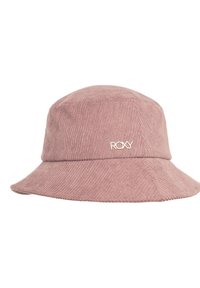 Roze corduroy bucket hat met een brede rand en subtiele ribbels, met een klein wit Roxy-logo aan de voorkant.