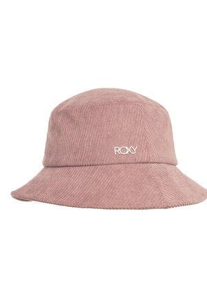 Pink corduroy bucket hat with a wide brim and subtle ribbed texture, featuring a small white Roxy logo on the front.