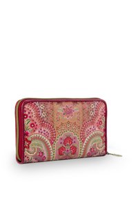 Rectangular zippered wallet with pink, red, and green floral and paisley patterns on fabric exterior, gold zipper pull.