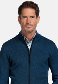 Donkerblauwe ritstrui met een gestructureerde brei, met een verspreid kraag. Een gestreept shirt met knopen is zichtbaar eronder.