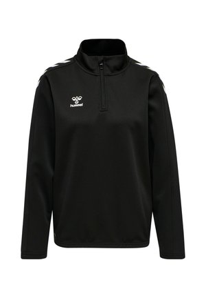 Schwarzer langärmliger Sportpullover mit Viertelreißverschluss, weißem hummel-Logo auf der linken Brust und weißen Chevron-Streifen auf den Schultern.