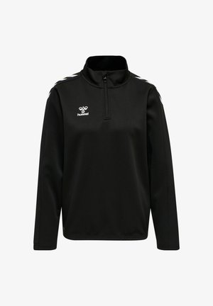 Schwarzer langärmliger Sportpullover mit Viertelreißverschluss, weißem hummel-Logo auf der linken Brust und weißen Chevron-Streifen auf den Schultern.
