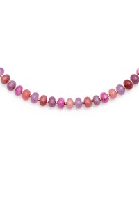 Fioletowe i różowe okrągłe koraliki o gładkiej fakturze, przetykane małymi złotymi separatorami, tworzą naszyjnik. Różnorodne odcienie tworzą efekt gradientu.