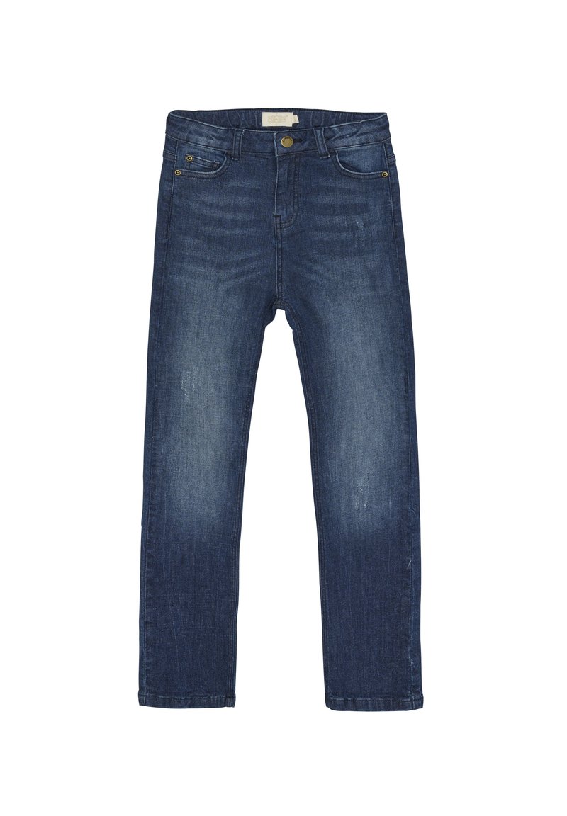 Mörkblå denimjeans med rak passform, med knappstängning, fem fickor och slitna detaljer framtill.