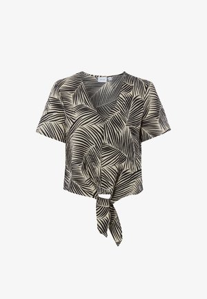 Kurzärmelige Bluse mit tiefem V-Ausschnitt, schwarzem und beigem Palmenblattmuster und vorderer Schleifenknoten-Detail.