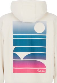 Felpa bianca con cappuccio caratterizzata da una grafica sfumata sul retro, con rettangoli blu e rosa e un motivo solare. Tessuto morbido, cappuccio incluso.