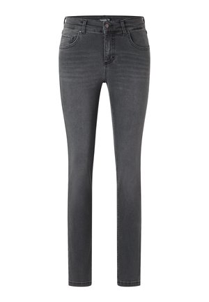 Dark gray skinny jeans with five-pocket design, front button, zipper closure, and subtle fading on thighs and knees.