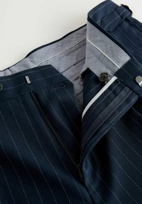 Navy pinstriped trousers made of fabric with a smooth texture, featuring a button and zipper closure, with a contrasting light gray lining.