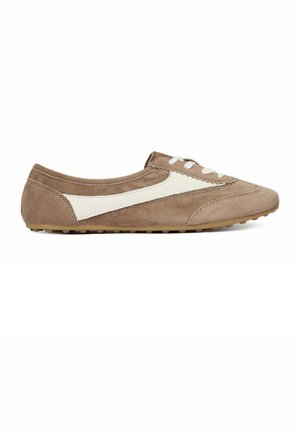 Brown suede flat sneaker with white side stripe, lace-up front, and rubber sole with small treads.
