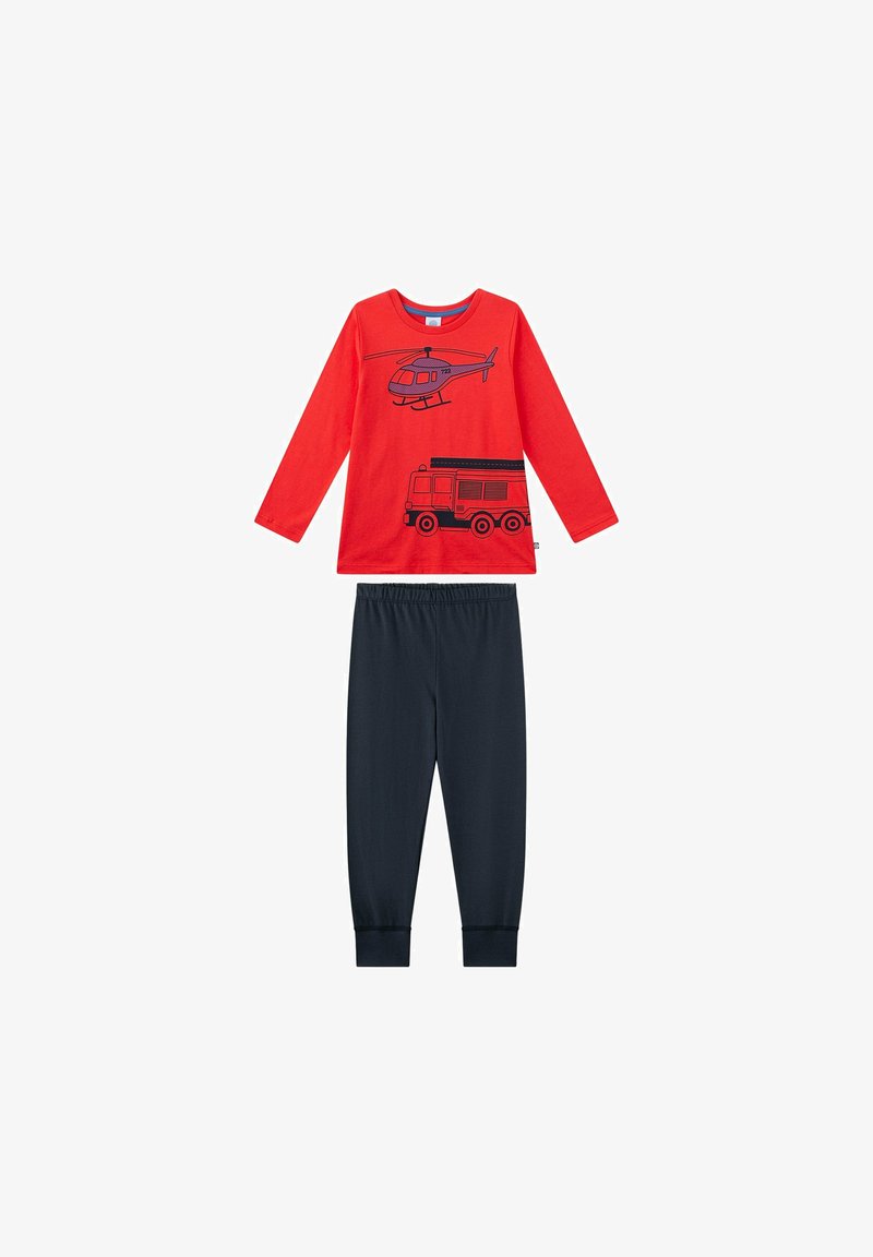 Rotes Langarmshirt mit Hubschrauber- und Feuerwehrauto-Grafiken. Schwarze Pyjamahose mit elastischem Bund, glatte Textur, lässiges Design.