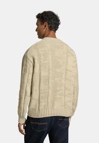 Beige stickad tröja med strukturerad mönster, sänkt axlar och ribbad nederkant. Bärs över blåjeans. Vy från baksidan.