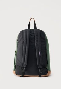 Πίσω όψη ενός πράσινου και μαύρου σακιδίου πλάτης JanSport με επενδυμένους ιμάντες, επάνω λαβή και καφέ σουέντ λεπτομέρειες στον πάτο, σε λευκό φόντο.