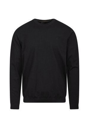 Svart genser med rund hals, laget av mykt stoff. Har lange ermer og ribbet kant nederst. Minimalistisk design uten synlige mønstre eller detaljer.