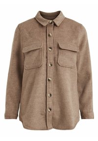 Veste-chemise en polaire marron avec col à revers, fermeture à boutons sur le devant, deux poches poitrine et une coupe décontractée. Texture lisse avec une finition douce.