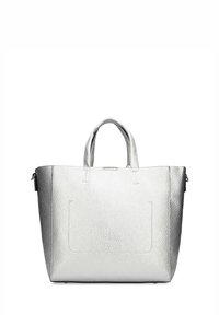 Silver leather tote bag with a textured surface, dual top handles, and a rectangular shape. Features a zippered closure and an exterior pocket.