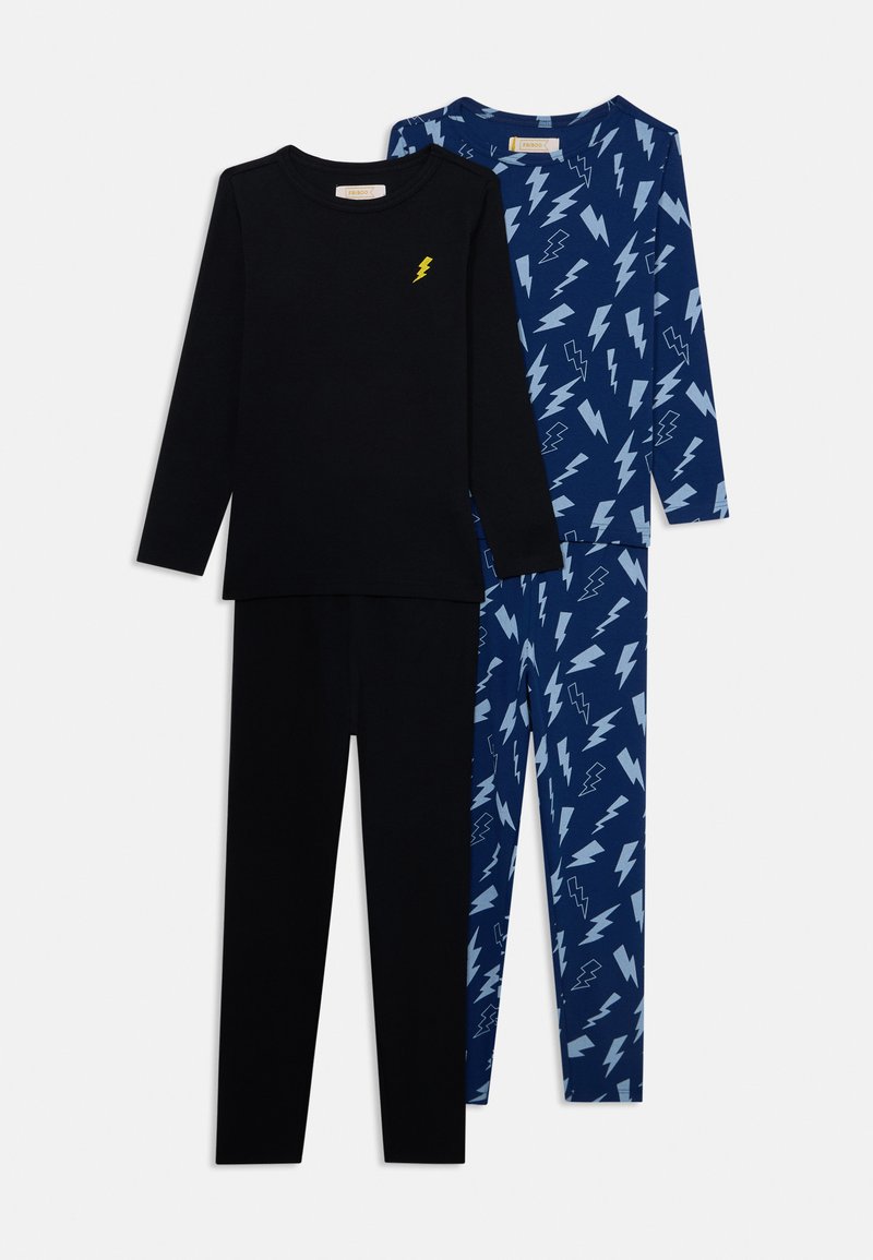 Set di pigiama a due pezzi composto da una maglia nera a maniche lunghe con un fulmine giallo, abbinata a pantaloni blu navy con motivi di fulmini azzurri.