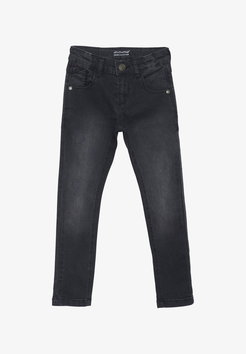 Pantalons en denim noir avec une coupe ajustée, dotés d'une fermeture à bouton, de poches avant et d'une texture lisse. Des détails cousus sont visibles sur les coutures.