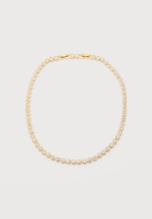 Gold chain necklace with round links, each featuring a central clear gemstone surrounded by smaller stones, displayed on a white background.