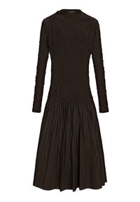 Brown long-sleeve dress with textured fabric, featuring a fitted bodice, pleated skirt, and rounded neckline. No visible fastenings.