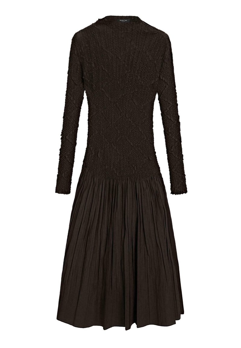 Brown long-sleeve dress with textured fabric, featuring a fitted bodice, pleated skirt, and rounded neckline. No visible fastenings.