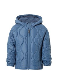 Blue quilted padded jacket with hood, front zipper, and elastic cuffs, displayed on a white background.