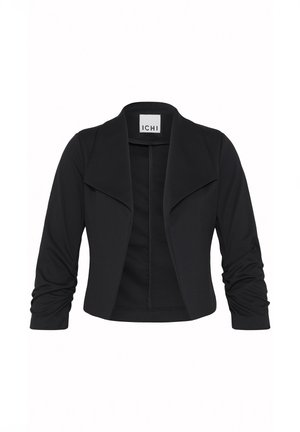 Sort cropped åben-front blazer med brede revers og rynkede lange ærmer, mærket "ICHI" indeni kraven.