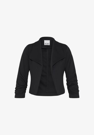 Black cropped open-front blazer with wide lapels and ruched long sleeves, labeled "ICHI" inside the collar.