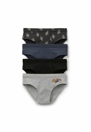 Quatre slips pour garçons en noir avec motif skate, unis marine, unis noir, et gris avec un motif voiture de course sur le devant à gauche.