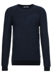 Marinblå stickad tröja med en strukturerad design som visar subtila lövmönster. Långa ärmar samt ribbad halsringning och fåll.