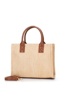 Borsa in paglia intrecciata con manici in pelle marrone, forma rettangolare e tracolla rimovibile. Presenta dettagli di cucitura sui manici.