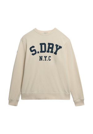 Sudadera beige de manga larga con puños acanalados y texto azul marino "S.DRY N.Y.C" en el frente.