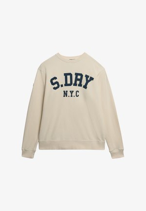 Beige sweatshirt med lange ærmer og ribbede manchetter samt navy-blåt tekst "S.DRY N.Y.C" på forsiden.