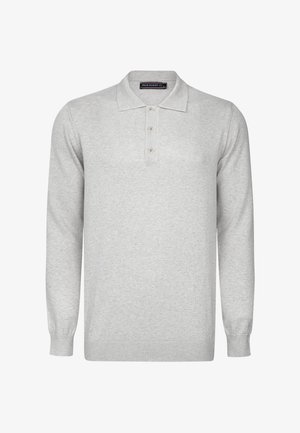 Jasnoszara, długosleeve'owa koszulka polo z miękkiego materiału, z kołnierzykiem i trzema guzikami. Rybana mankiety i dół.