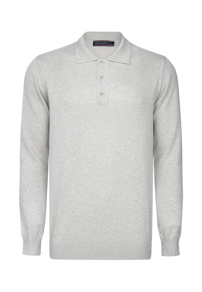 Lichtgrijs poloshirt met lange mouwen, gemaakt van zachte stof, met een kraag en een driebottonsknoopsluiting. Geribbelde manchetten en zoom.