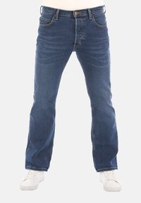 Blauwe denim jeans met een regular fit, vijf zakken en contrasterende stiksels. Voorzien van een ritssluiting en een rechte pijp.