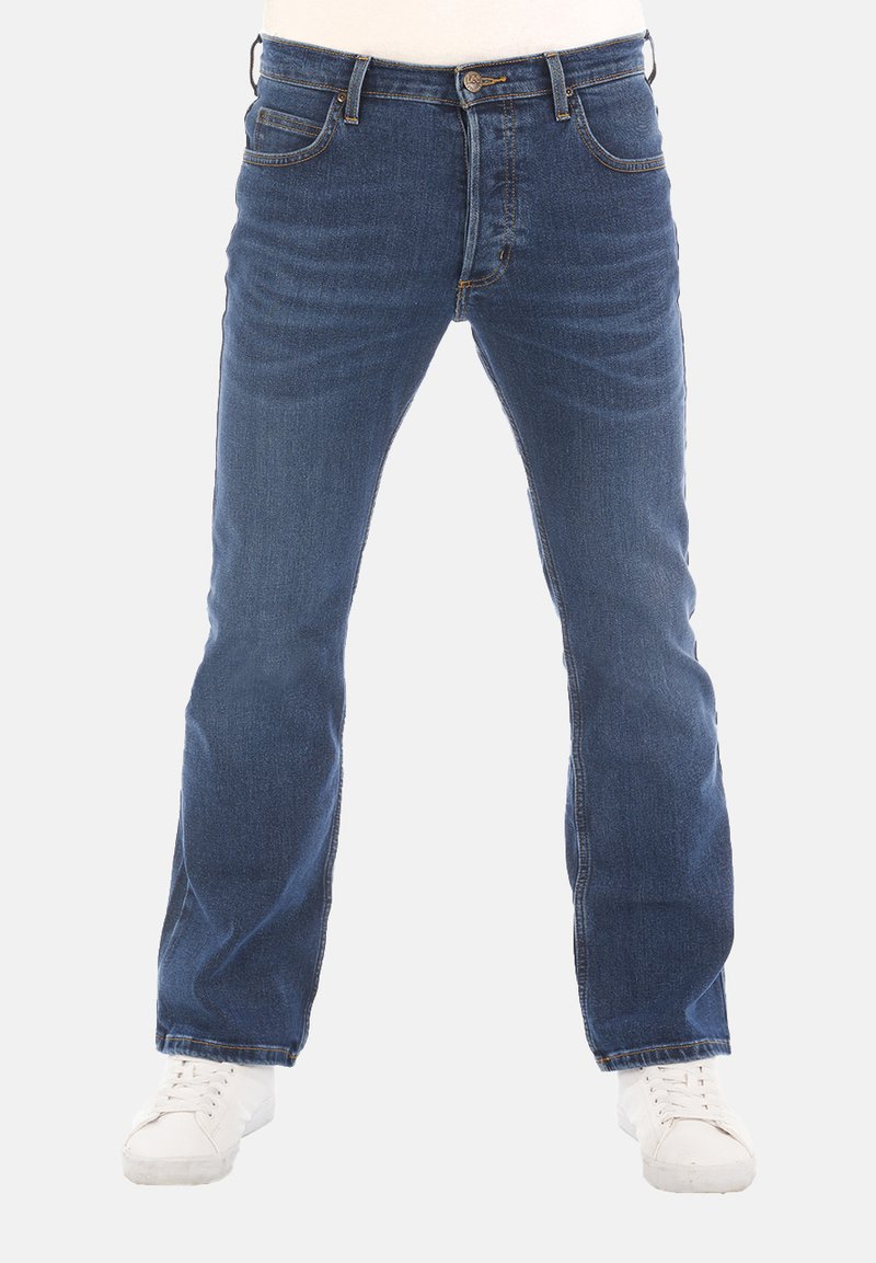 Blauwe denim jeans met een regular fit, vijf zakken en contrasterende stiksels. Voorzien van een ritssluiting en een rechte pijp.