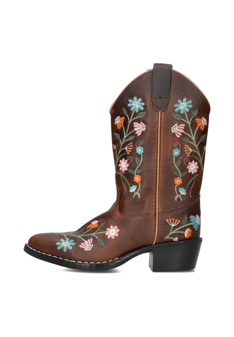 Brown leather cowboy boot featuring colorful floral embroidery. High shaft with a pointed toe and stacked heel. Contrast stitching along the sole.
