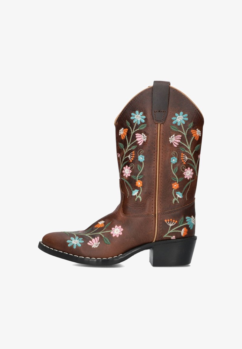 Brown leather cowboy boot featuring colorful floral embroidery. High shaft with a pointed toe and stacked heel. Contrast stitching along the sole.