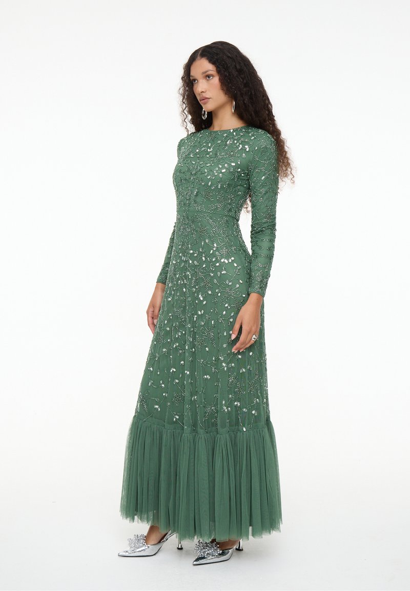 Caftan Long Femme Vert - Coupe Ample, Sequins, Fleurs - Taille Libre - HabibiCollections