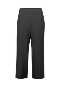 Pantalons noirs à jambes larges, avec une texture lisse, une taille élastique et une longueur cropped, adaptés à un usage décontracté ou formel.