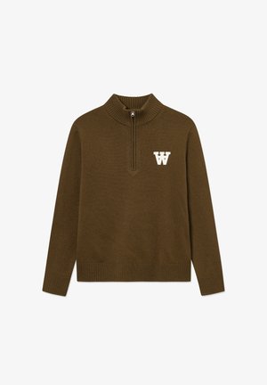 Brauner, gestrickter Pullover mit hohem Rippenkragen und 1/4-Reißverschluss; verfügt über ein weißes "W"-Logo auf der linken Brust.