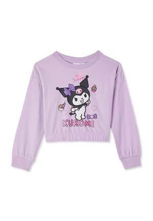 Felpa corta viola con grafica di Kuromi, maniche lunghe, dettaglio con fiocco e illustrazioni giocose di cupcake.