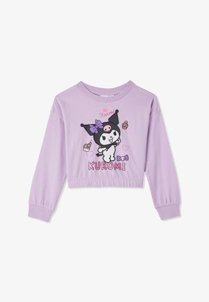 Felpa corta viola con grafica di Kuromi, maniche lunghe, dettaglio con fiocco e illustrazioni giocose di cupcake.