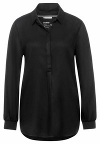 Zwarte lange mouw shirt van gladde stof met een knoopsluiting, kraag en manchetten; heeft een afgeronde zoom.
