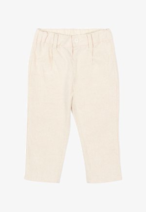 Pantalon beige pour tout-petit avec taille élastique, passants pour ceinture, bouton à l'avant et sans poches visibles, posé à plat sur fond blanc.