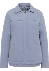 Pikowana jasnoniebieska kurtka z kołnierzem, z zapięciem na guziki, subtelnym wzorem falistym oraz długimi rękawami.