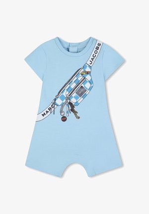 Combinaison courte à manches courtes bleu clair avec un graphisme de sac banane orné de porte-clés. Tissu doux avec fermeture à pression à l'arrière.