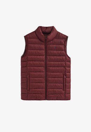 Burgundowa kamizelka puchowa o pikowanej strukturze, z wysokim kołnierzem i zamek z przodu. Posiada dwie boczne kieszenie. Kompaktowy i lekki design.