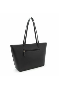 Borsa tote nera con esterno in pelle liscia, due manici lunghi e una tasca anteriore con cerniera e dettagli in metallo color oro.